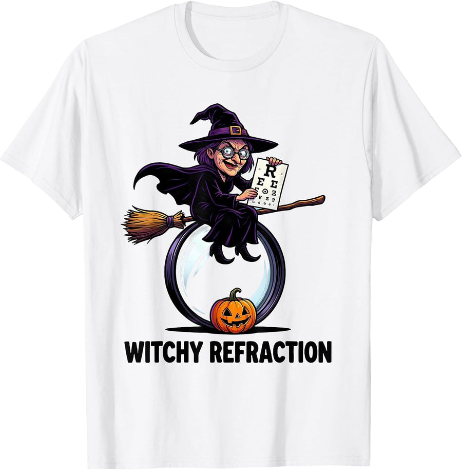 Men's Witchy Refraction Cartoon Optometrist Halloween Eye Doctor T-Shirt - White