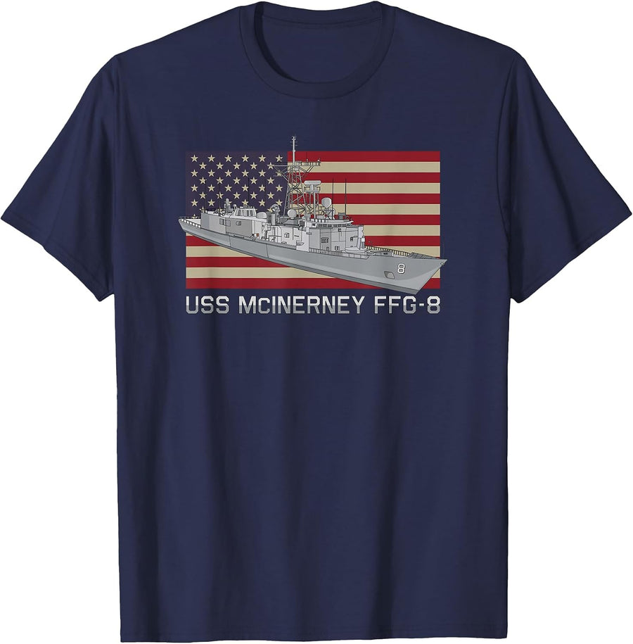 USS McInerney FFG-8 Ship Diagram American Flag T-Shirt - Navy Blue