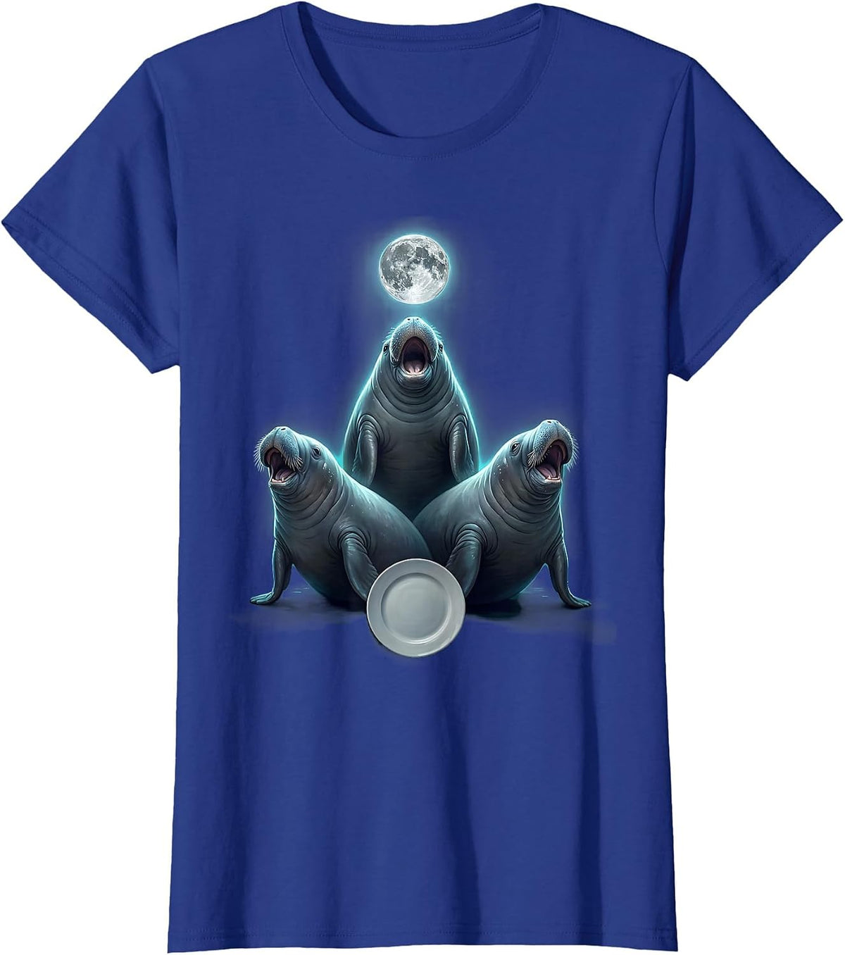 Women's Three Manatee Moon Howling Funny Animal Meme Parody T-Shirt - Royal Blue