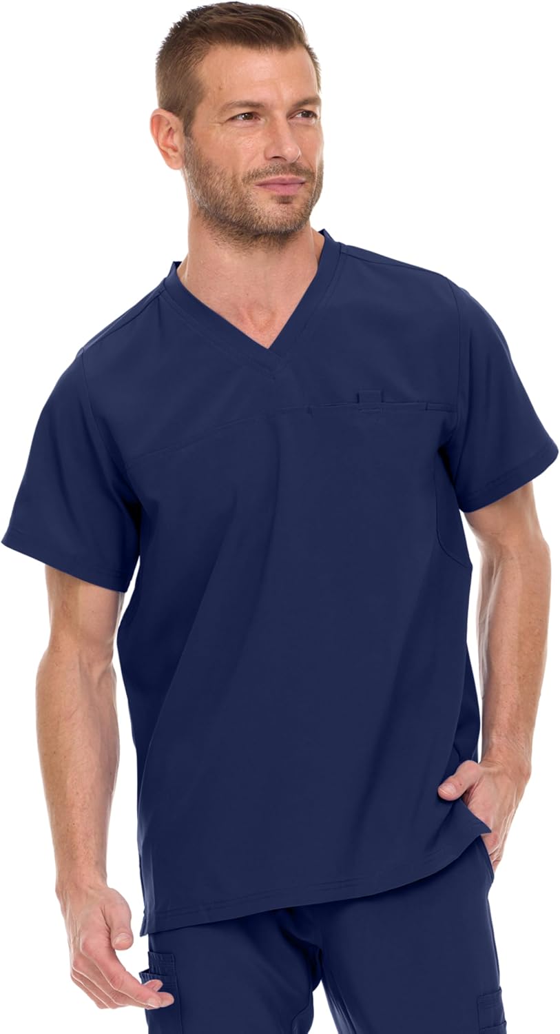 MediChic Men's V-Neck Hi-Low Top with One Chest Pocket and Mesh Gusset - Navy