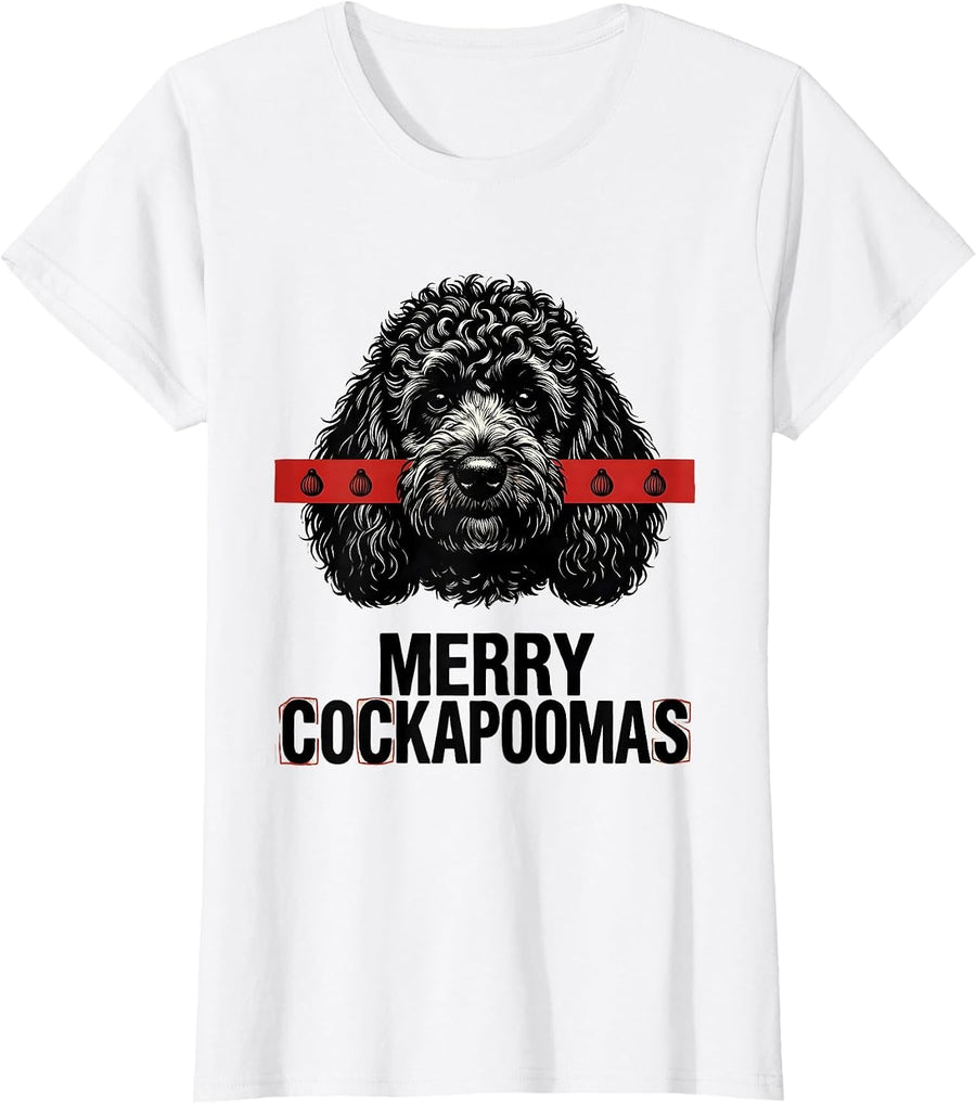 Women's Merry Cockapoomas Wood Type Letterpress Funny Cockapoo T-Shirt - White