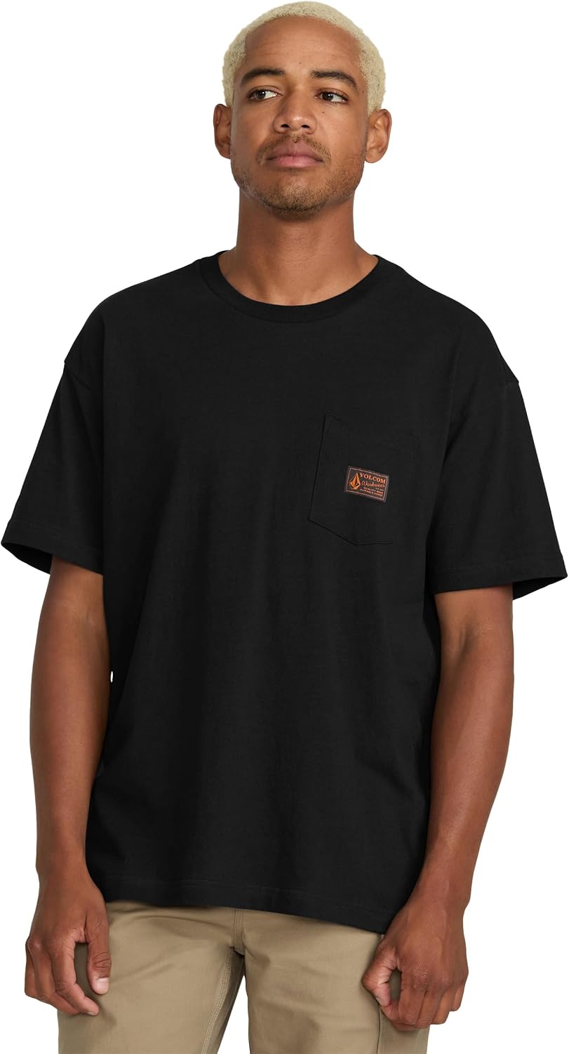 Volcom Men's Short Sleeve Workwear Pocket T-Shirt – Heavyweight Cotton Durable Tee - Blackout