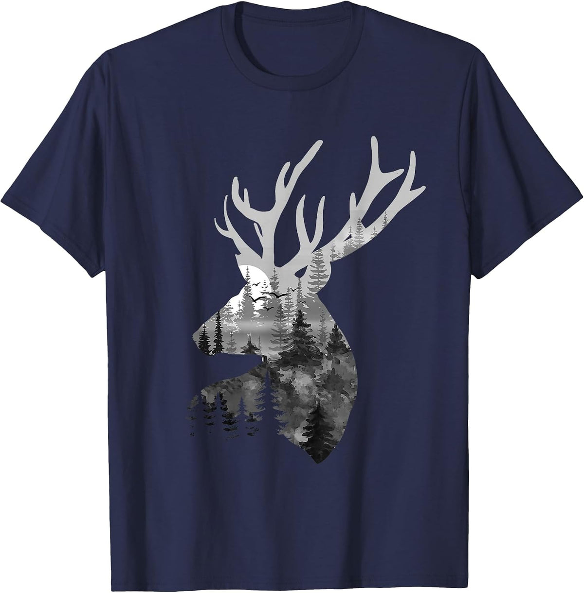 Silhouette Buck Deer Artwork - Forest Wildlife Animal Lover T-Shirt - Navy Blue