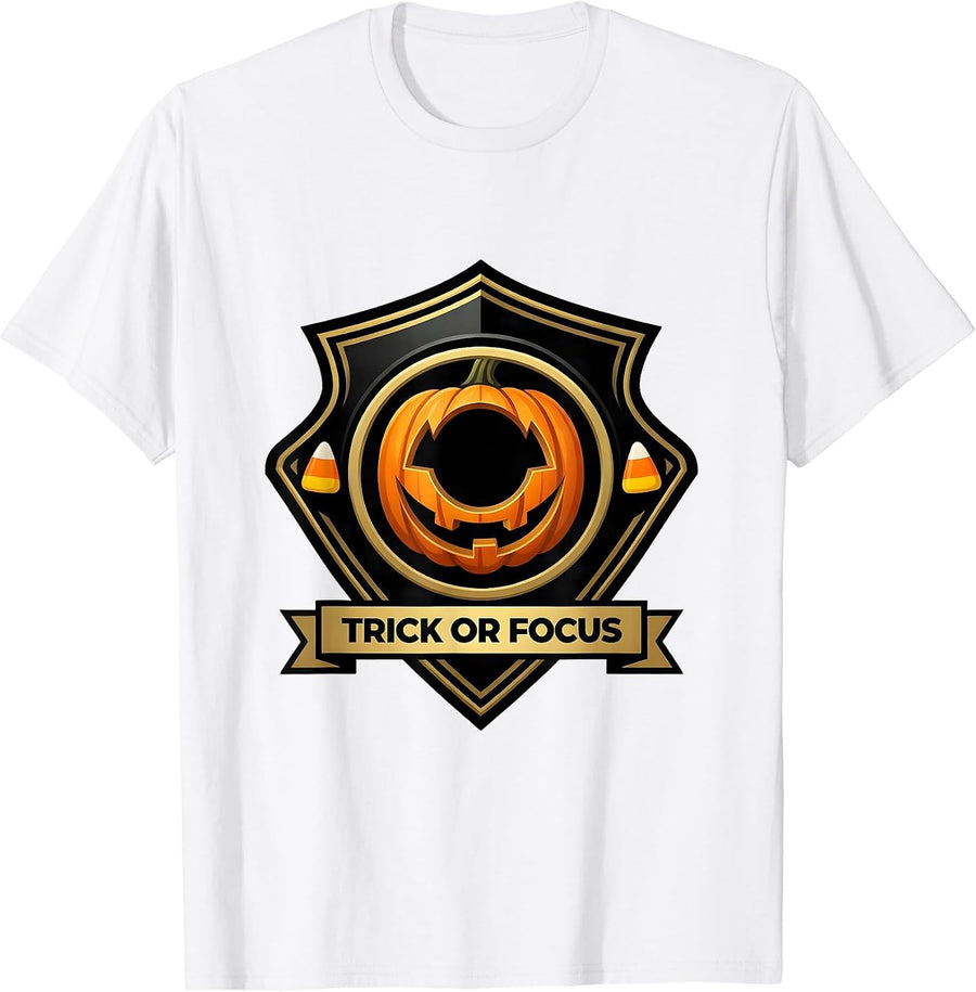 Men's Trick or Focus Emblem Funny Optometrist Halloween Eye Doctor T-Shirt - White