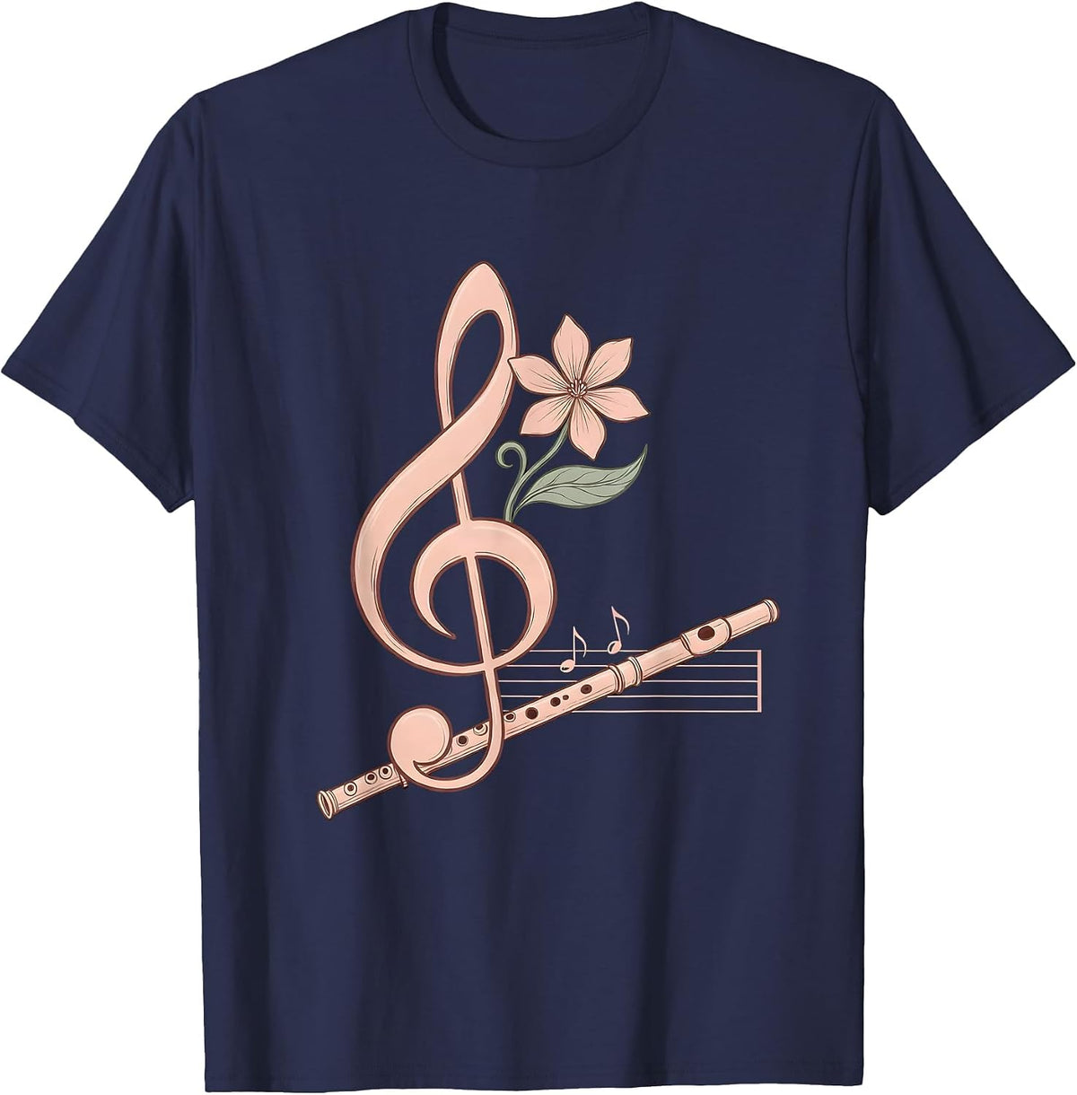 Men's Treble Clef Flower Flute Music Lover Boho Humor T-Shirt - Navy Blue