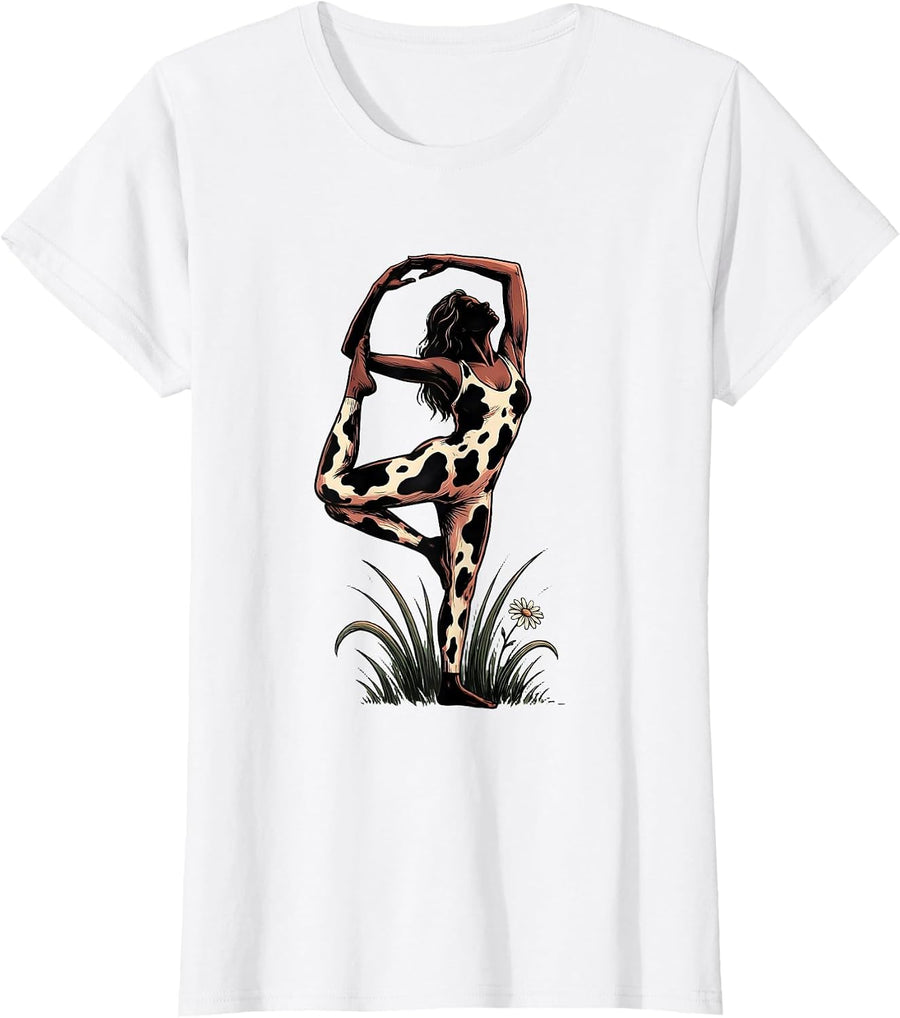 Women's Cow Print Yoga Pose Funny Animal Lover Gift T-Shirt - White
