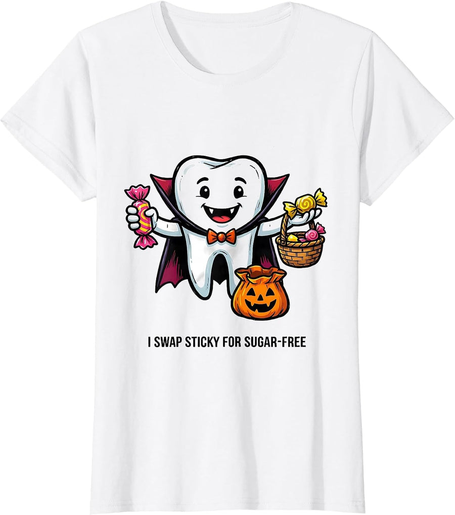 Women's I Swap Sticky For Sugar-Free Funny Dentist Halloween Dental T-Shirt - White