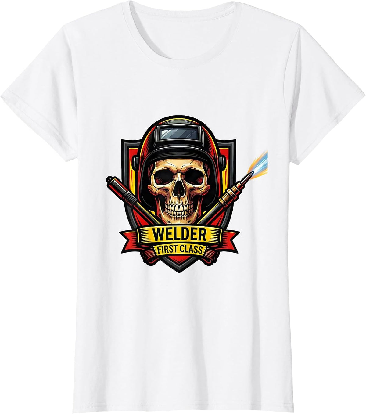 Women's Welder, First Class Tattoo Skeleton Humor Tradesman Gift T-Shirt - White