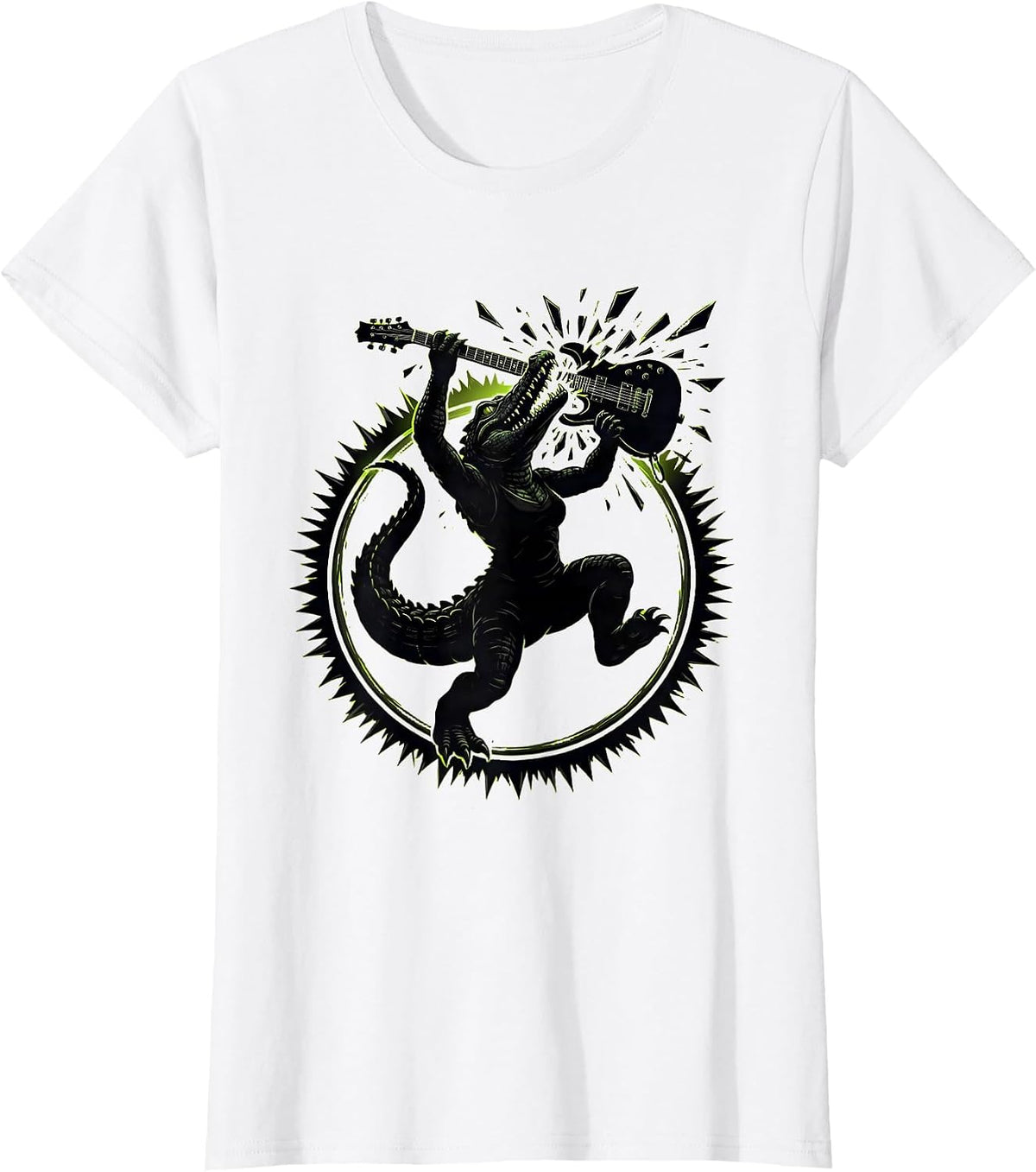 Gator Woman Rockstar Smashing Electric Guitar T-Shirt - White