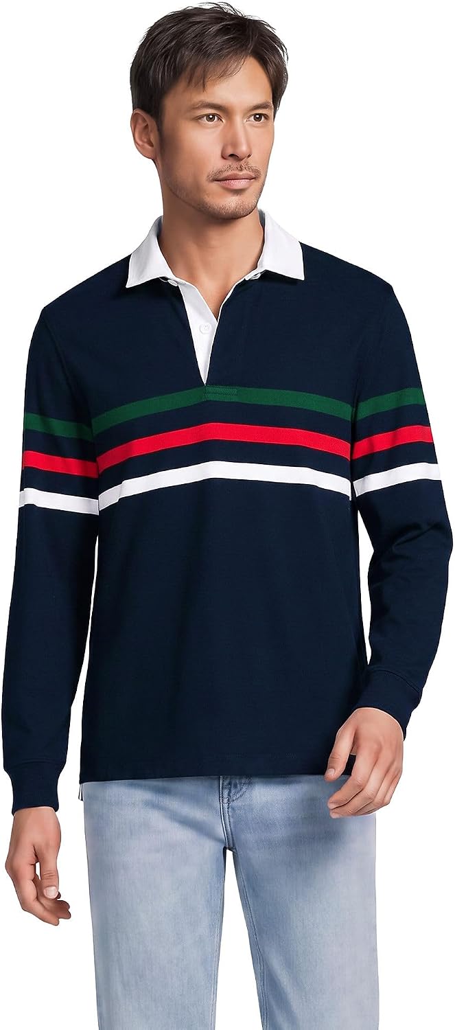 Lands' End Men's Long Sleeve Rugby - Red\/White\/Radiant Navy Stripe