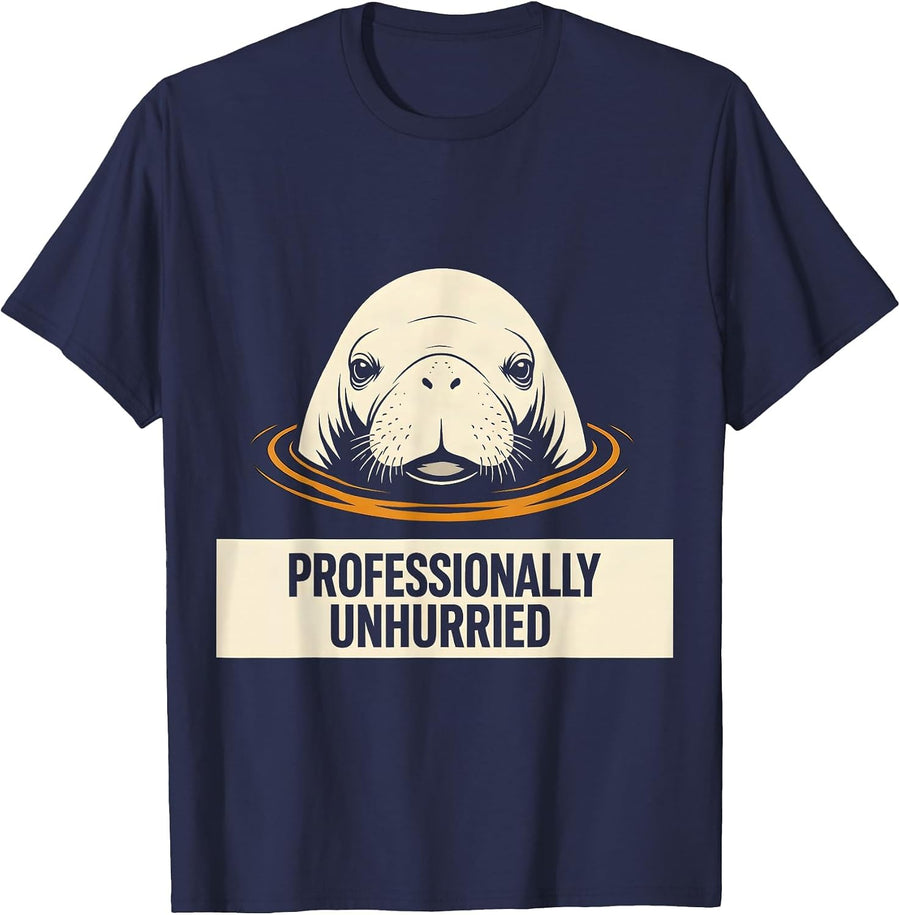 Professionally Unhurried Minimalist Manatee Lover Funny Sea T-Shirt - Navy Blue