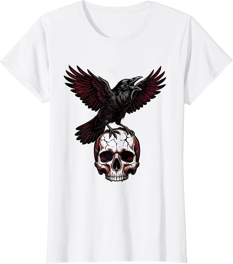 Women's Crow on Cracked Skull Heavy Metal Graphic T-Shirt - White