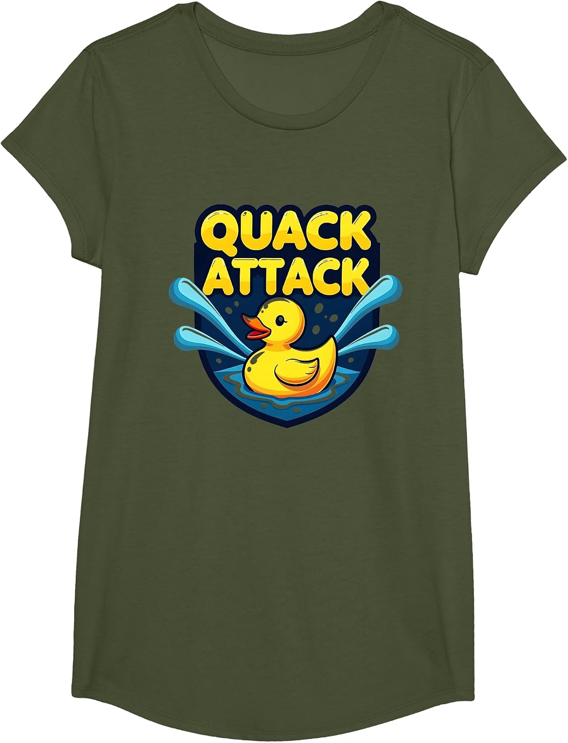 Quack Attack Rubber Duck Splash Fun Bath Time Humor T-Shirt - Girls Olive Green