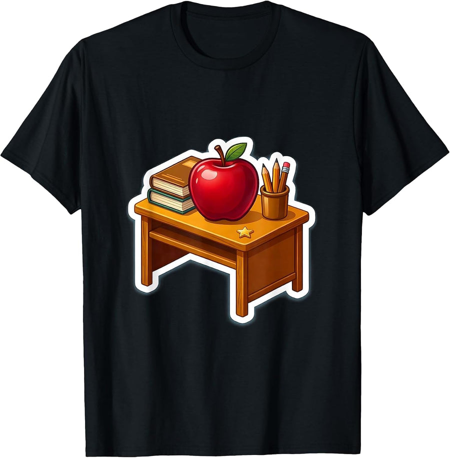 Men's First Grade Teacher Desk Red Apple Illustration T-Shirt - Black