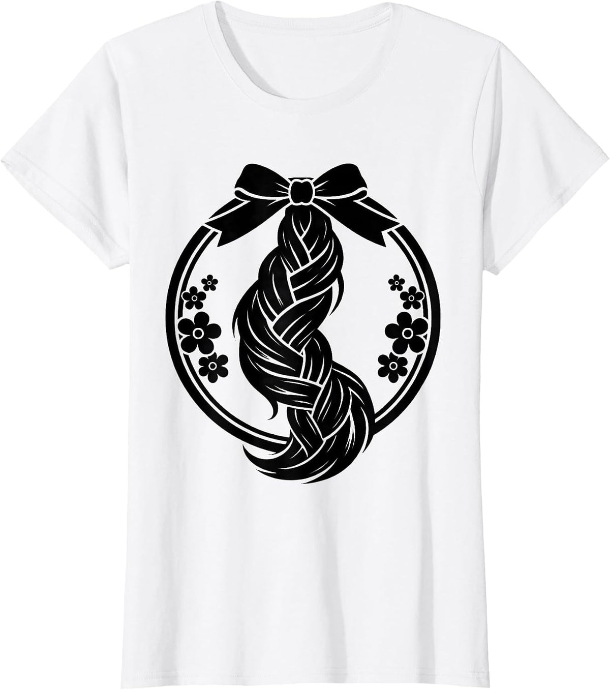 Women's Braided Horse Tail With Ribbon and Flowers T-Shirt - White