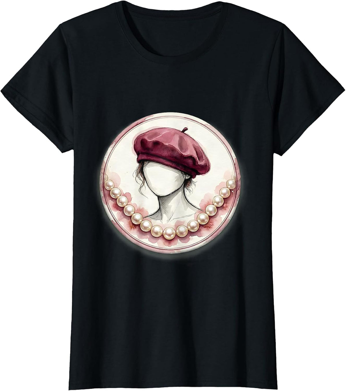 Gigi Chic Beret and Pearl Necklace Illustration T-Shirt - Black