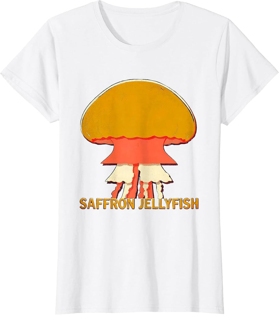 Women's Saffron Jellyfish Screenprint Poster Casual Everyday Wear T-Shirt - White