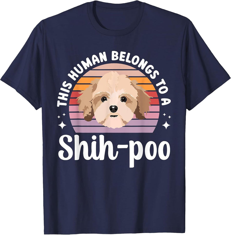 This Human Belongs to A Shih-Poo Owner Shih-Poo Lover T-Shirt - Navy Blue