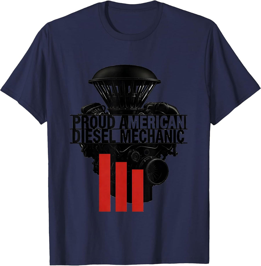 Proud American Diesel Mechanic Patriotic Mechanic USA Flag T-Shirt - Navy Blue