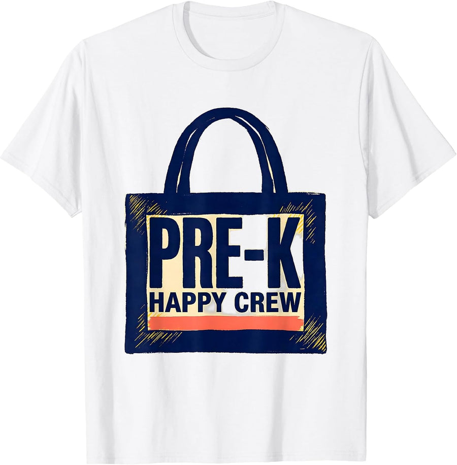 Men's Pre-K Happy Crew Linocut Preschool Teacher First Day T-Shirt - White