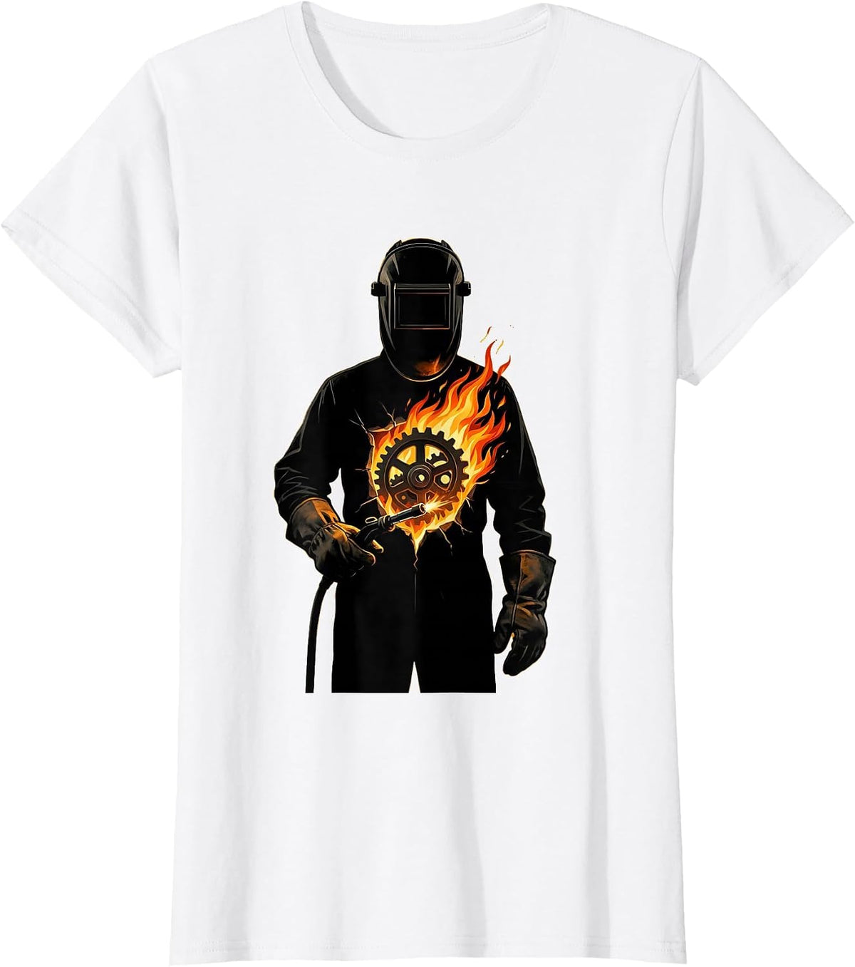 Welder Gear and Flames Open Chest Graphic T-Shirt - White