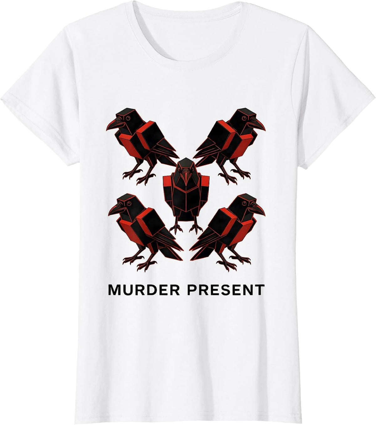 MURDER PRESENT Geometric Crow Dark Humor Bird Lover Gothic T-Shirt - White