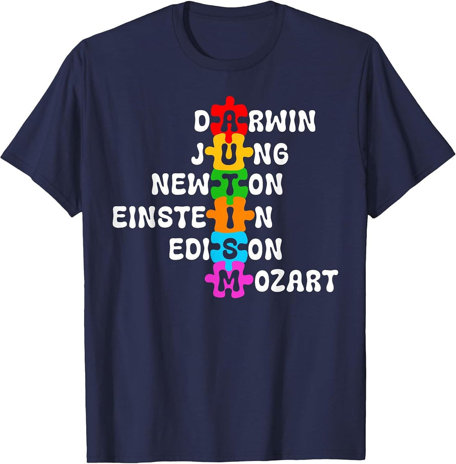 Autism Awareness Darwin Jung Newton Einstein Edison Mozart T-Shirt - Navy Blue