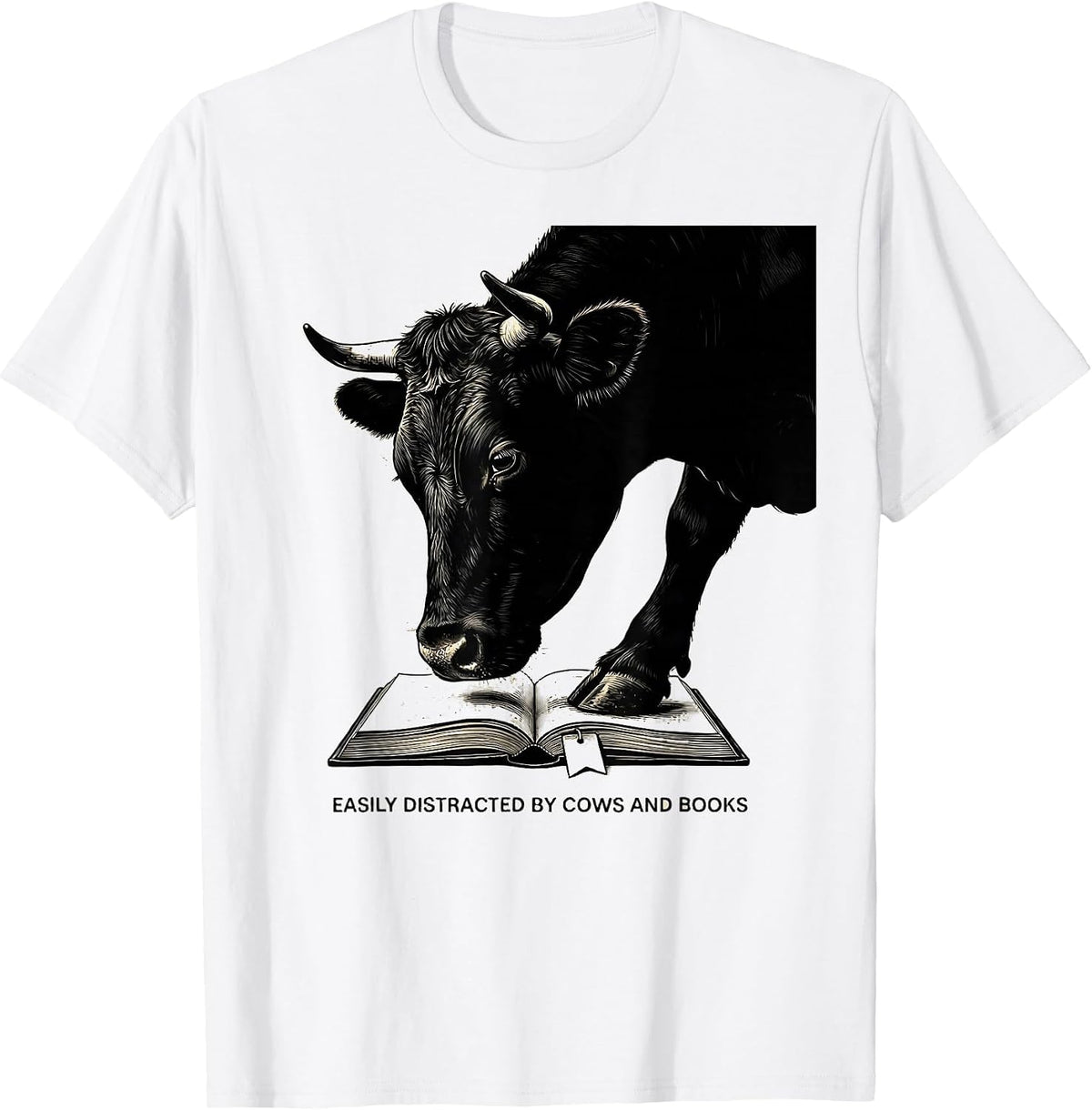 Men's Easily Distracted By Cows And Books Funny Book Lover Animal T-Shirt - White