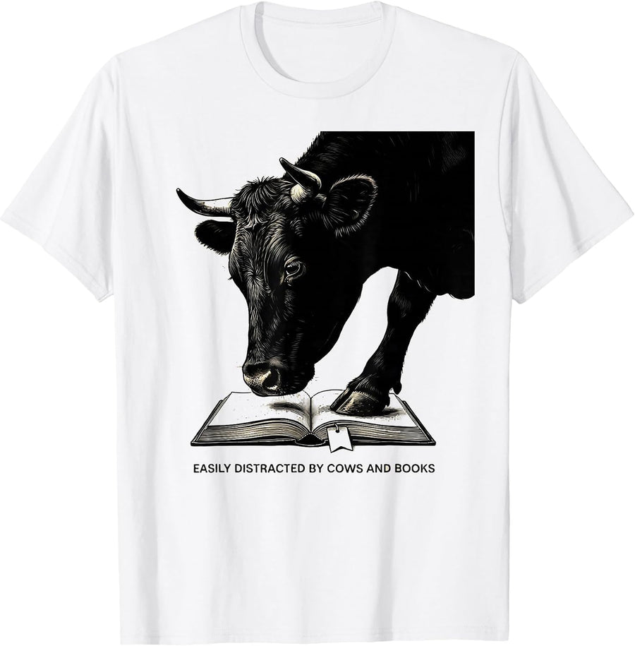 Men's Easily Distracted By Cows And Books Funny Book Lover Animal T-Shirt - White