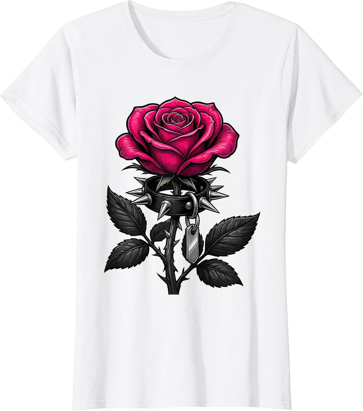Women's Spiked Collar Rose Stem Brat Graphic Design T-Shirt - White