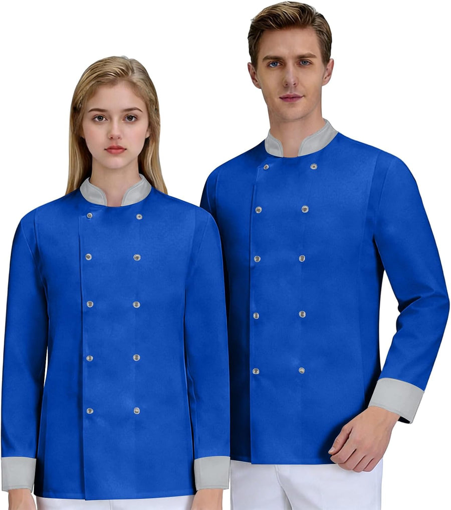 Unisex Chef Coat Works Jacket Chefs Shirts Kitchen Long Sleeve Classic Tshirt Solid Tops With Pockets - 02-blue