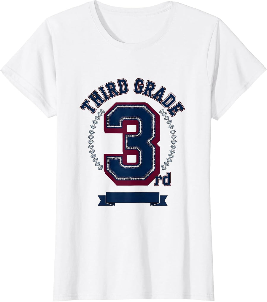 Women's Third Grade Sparkle Varsity Teacher Back To School T-Shirt - White