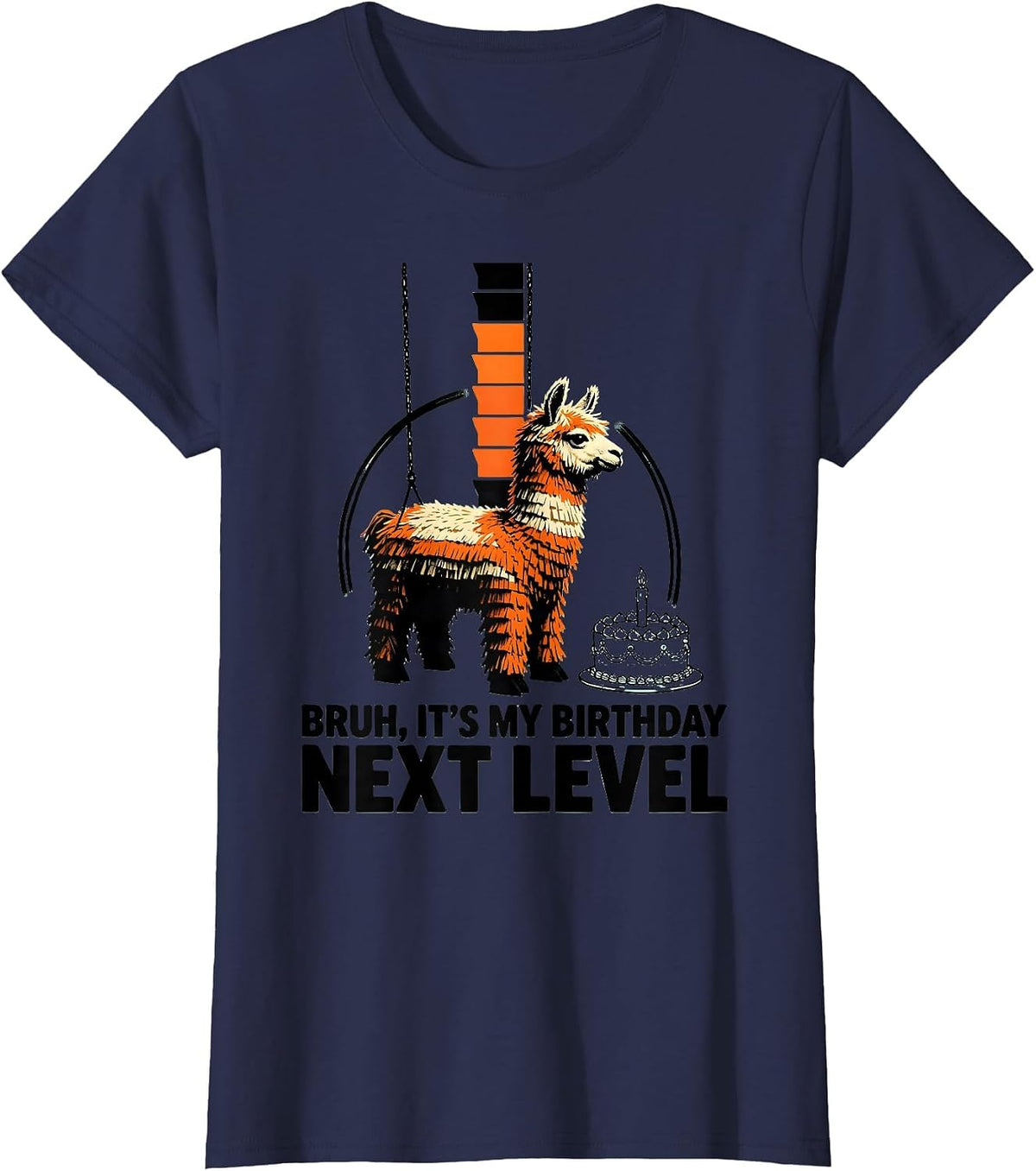 Women's Bruh It's My Birthday Next Level Funny Llama Pinata Gamer T-Shirt - Navy Blue