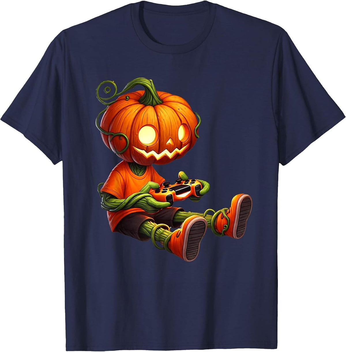 Halloween Pumpkins Head Gamer Video Gaming Boys Men Kids T-Shirt - Navy Blue
