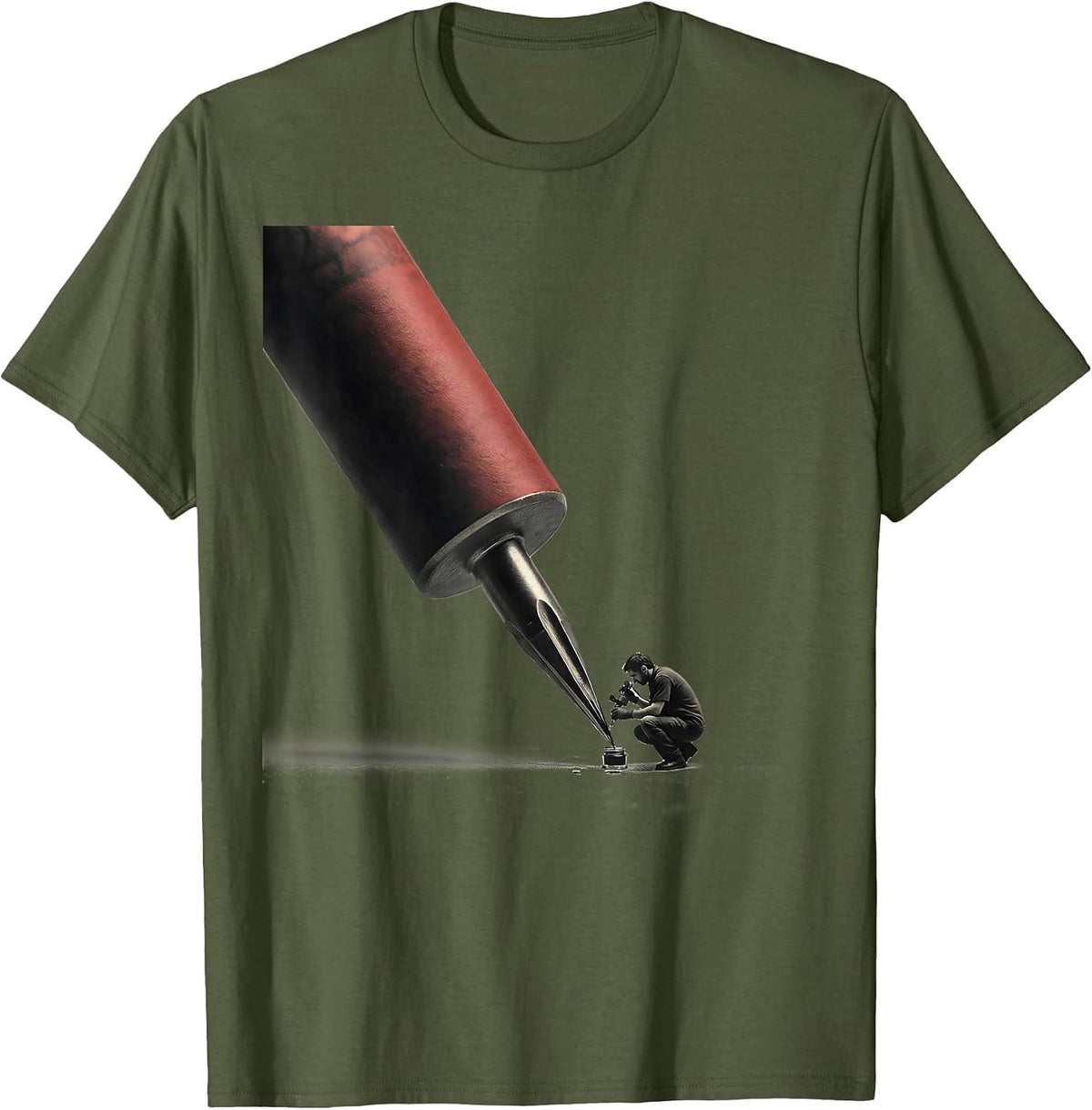 Men's Oversized Tattoo Needle Cartridge Minimalist Tattoo Artist T-Shirt - Olive Green