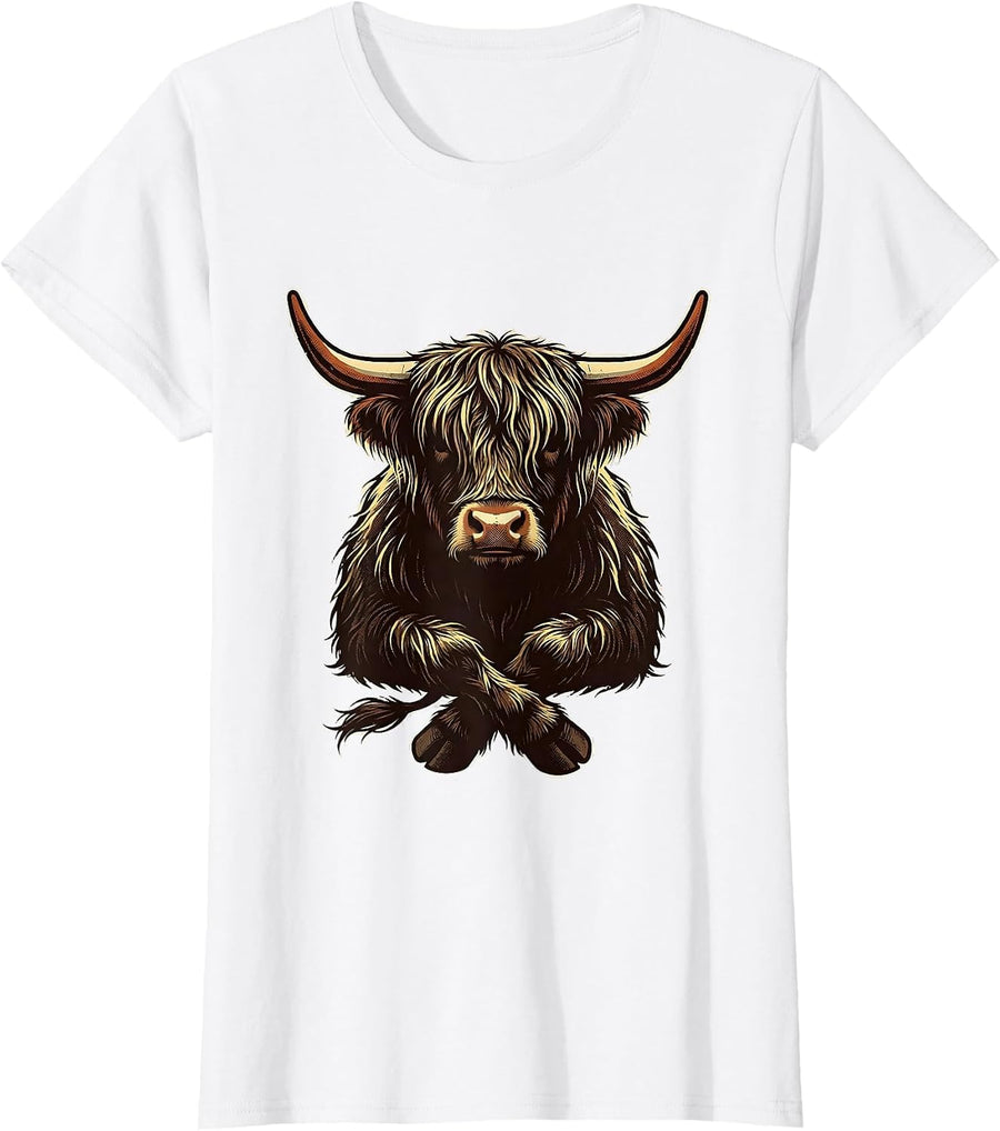 Women's Highland Cow Compact Character Funny Farm Animal Lover T-Shirt - White
