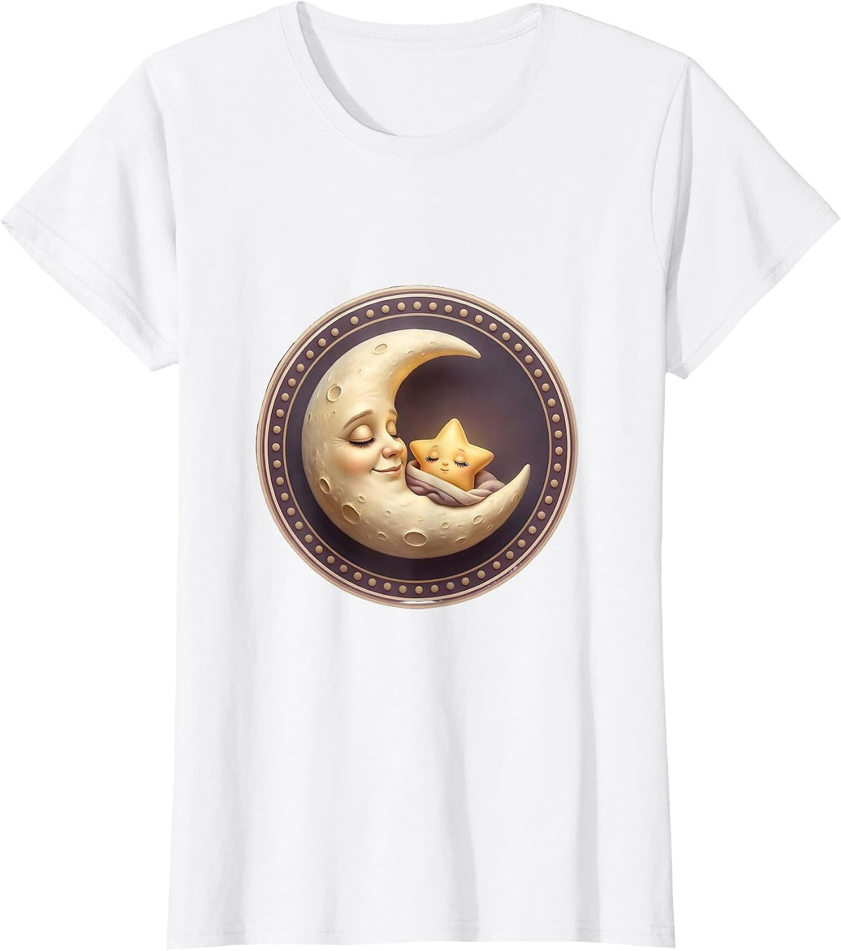 Crescent Moon Tucking In Sleepy Star Cute Design T-Shirt - White