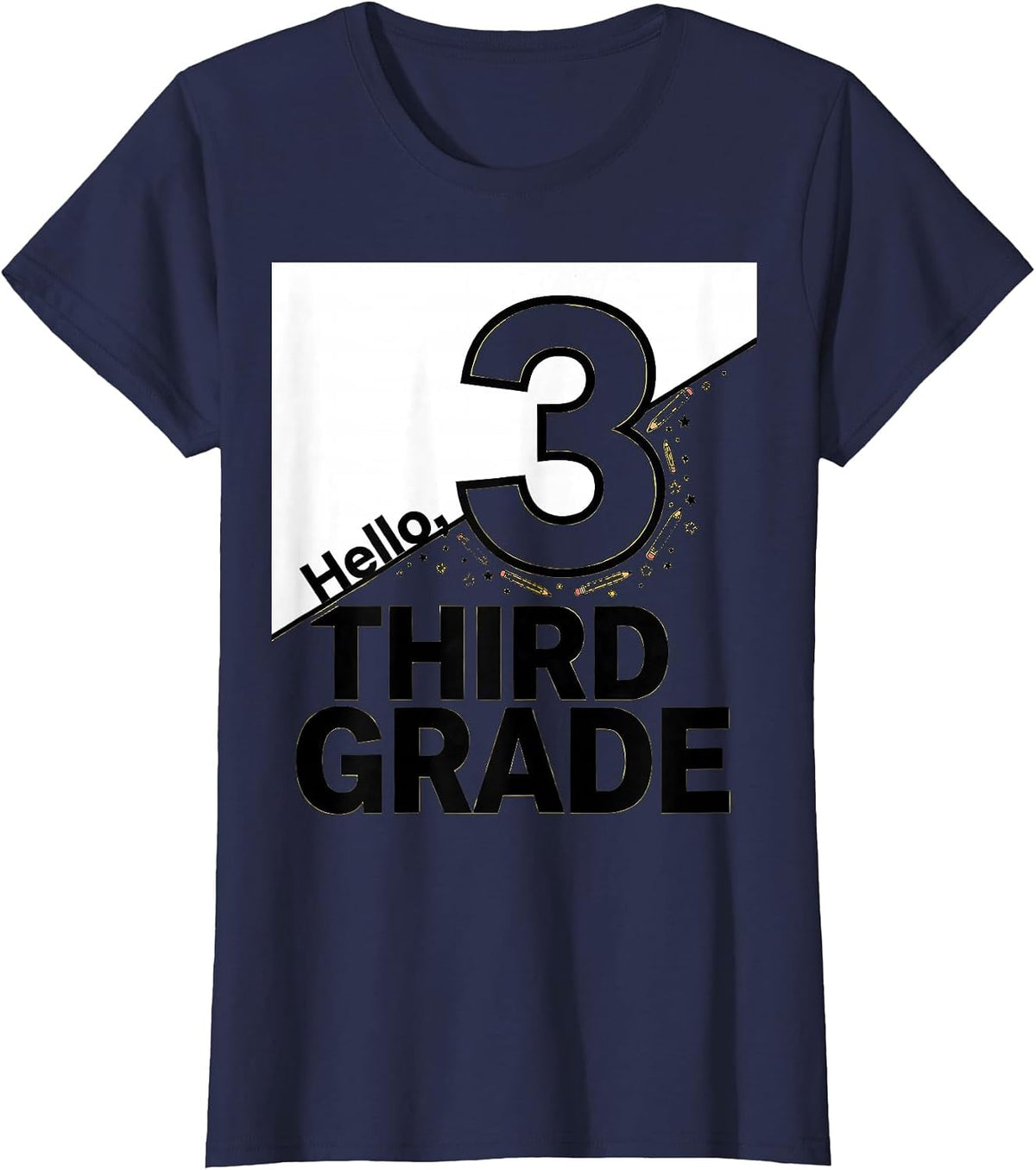 Women's Hello, Third Grade Playful Teacher Back to School T-Shirt - Navy Blue