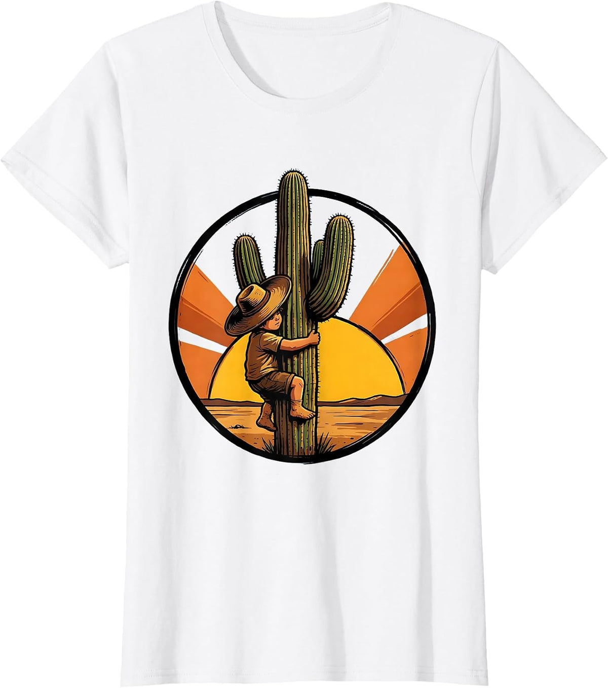 Mexican Boy Climbing Cactus Sunset Graphic Design T-Shirt - White