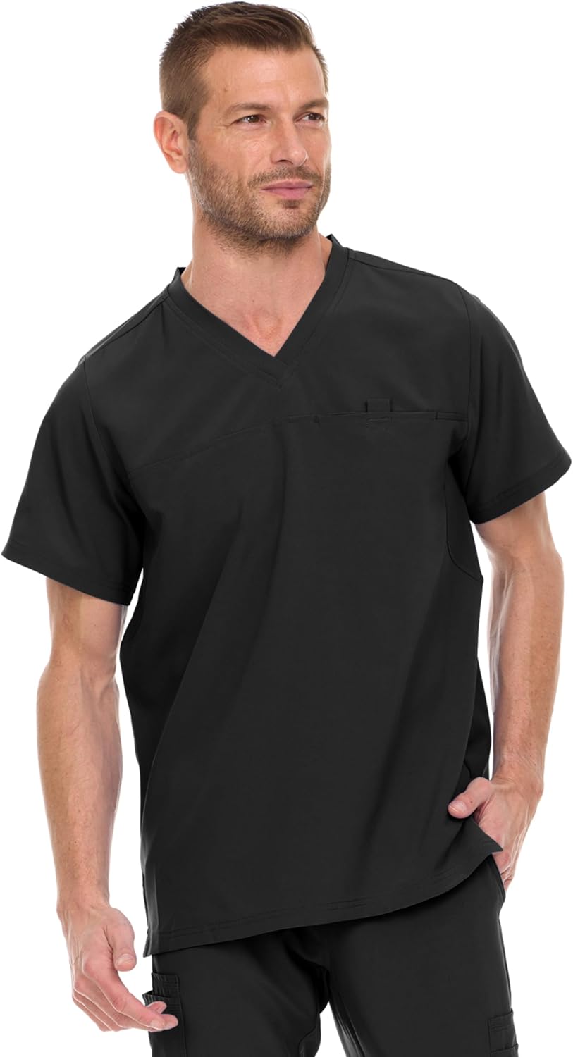 MediChic Men's V-Neck Hi-Low Top with One Chest Pocket and Mesh Gusset - Black