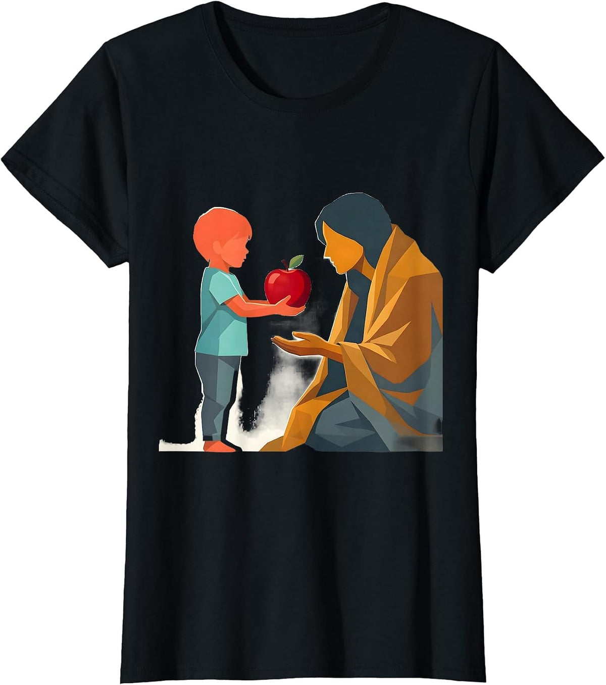 Kindness Illustration Child Offering Apple Design T-Shirt - Black