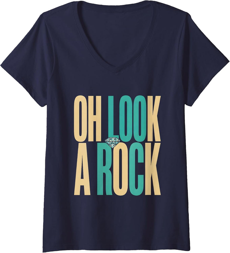 Women's Oh Look, A Rock Rock Collecting Design V-Neck T-Shirt - Navy Blue