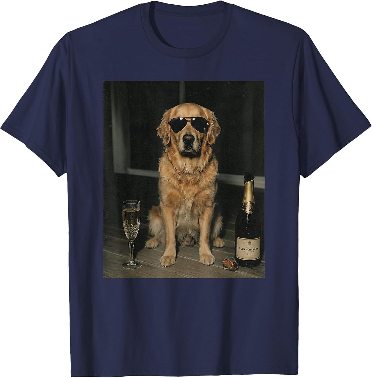 Funny Golden Retriever Drinking Champagne Meme Graphic T-Shirt - Navy Blue