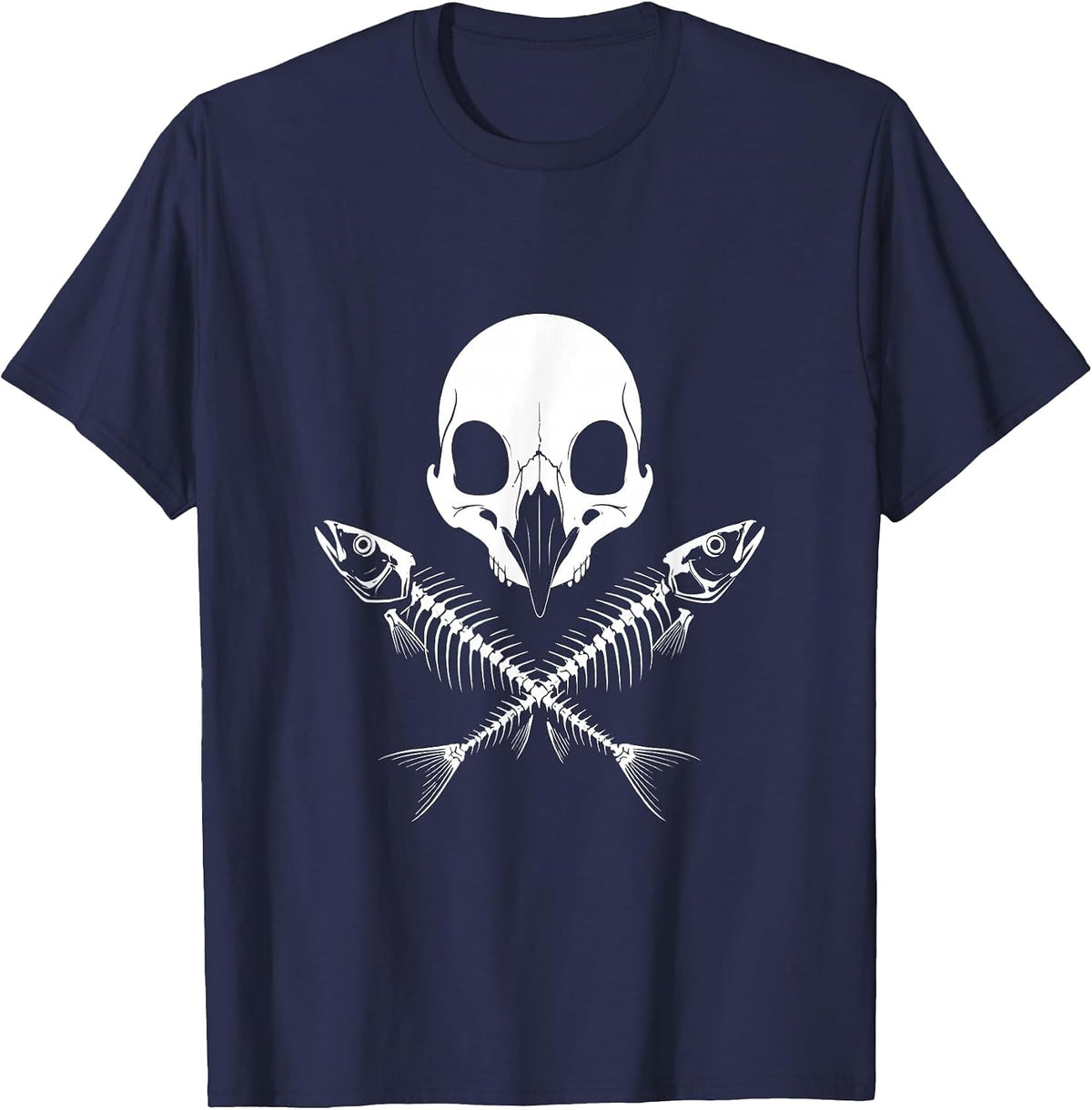 Penguin Skull Crossed Fish Bones Dark Art Design T-Shirt - Navy Blue