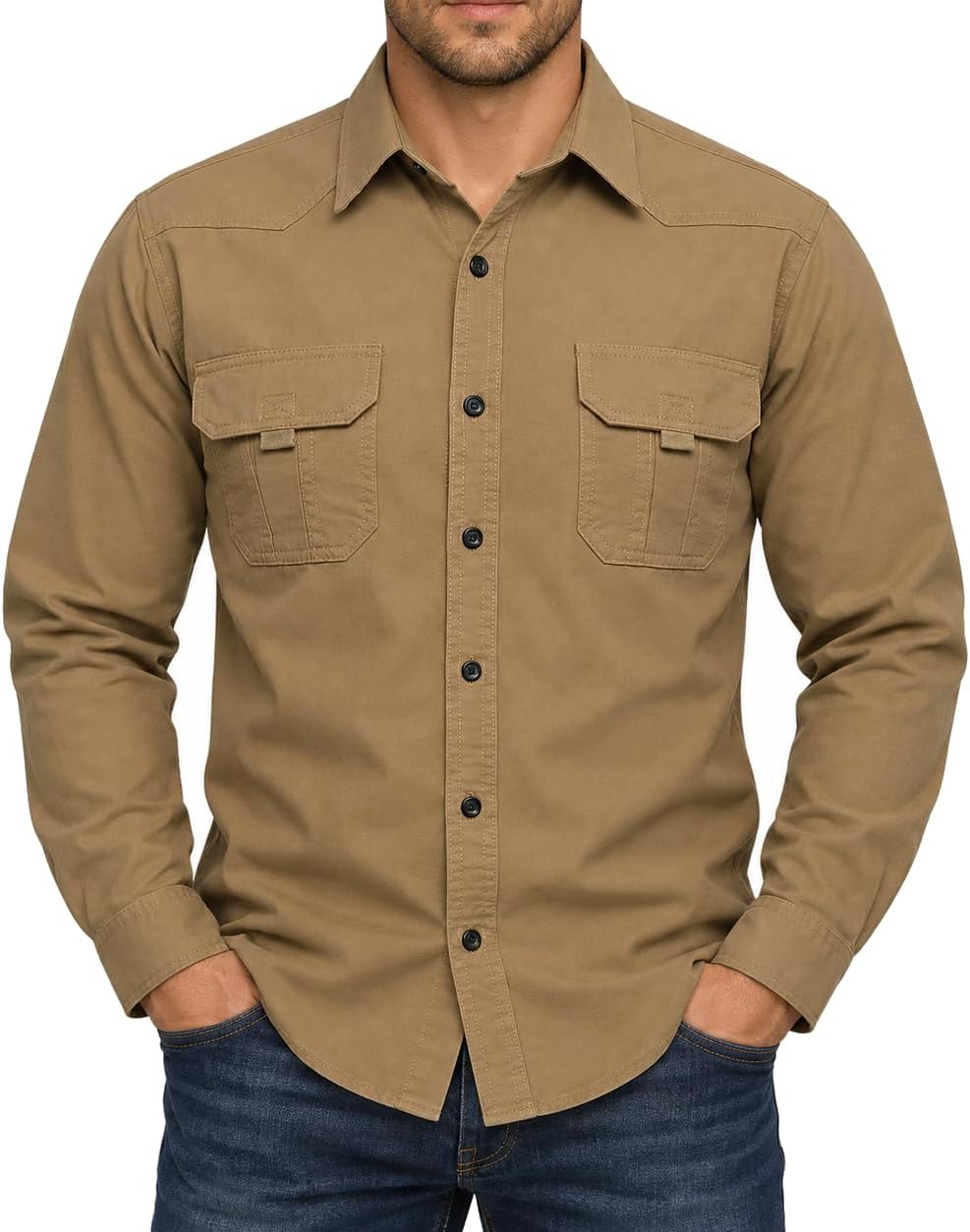 FREDD MARSHALL Men's Long Sleeve Cotton Denim Button-Down Shirt - Khaki