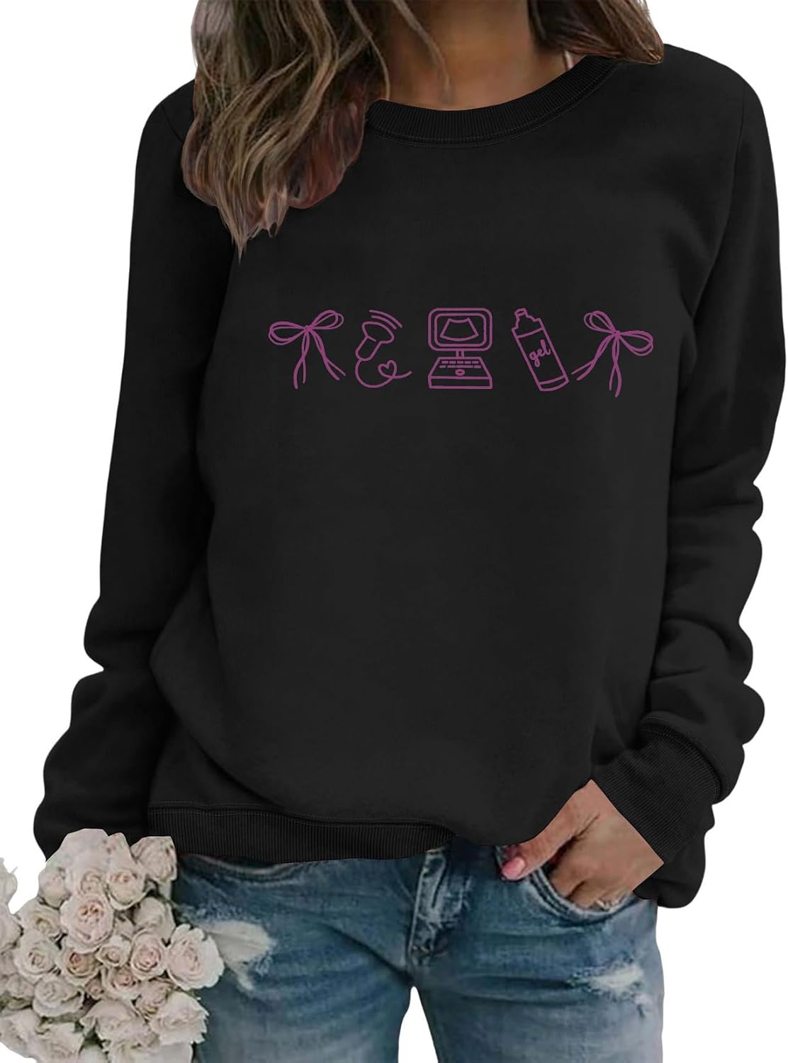 Women's Sonographer Ultrasound Tech Sweatshirt Cute Bow Graphic Pullover Crew Neck Loose Long Sleeve Soft Tops - Black