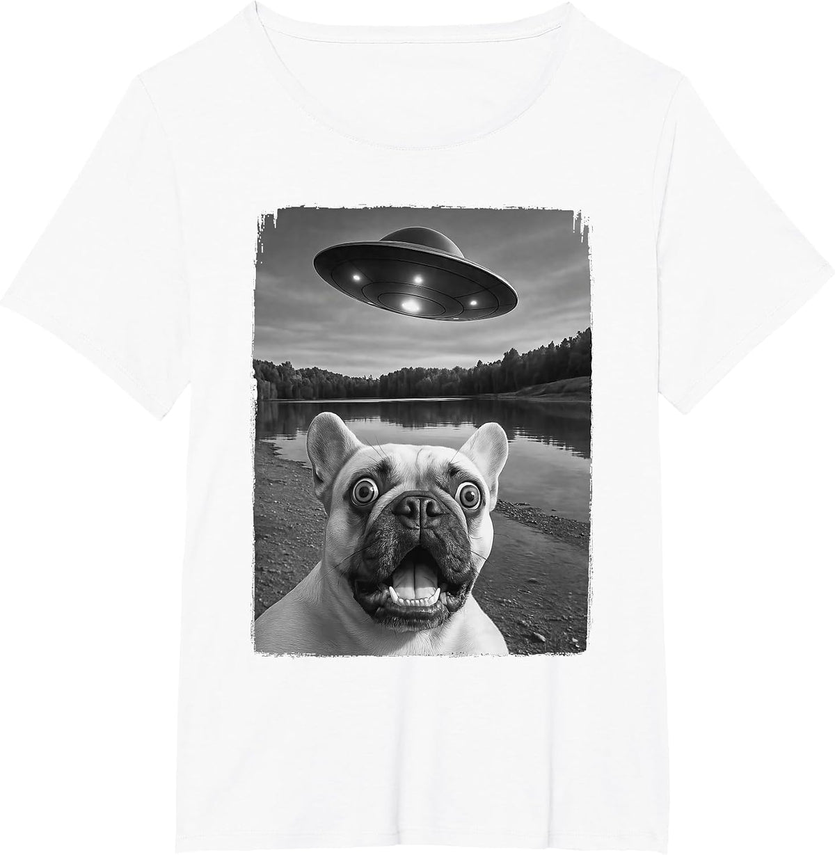 French Dog UFO Selfie Funny Frenchie T-Shirt - White