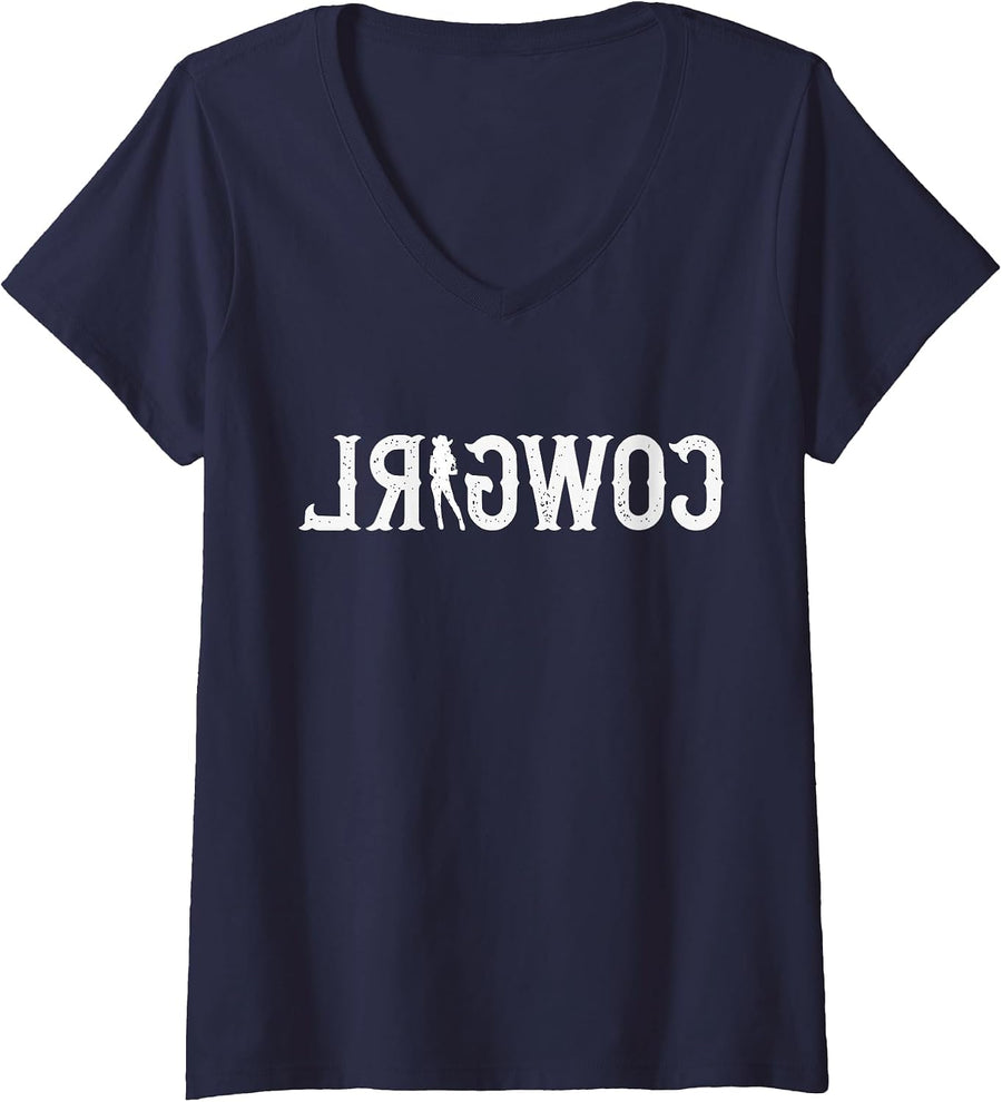 Women's Funny Vintage Reverse Cowgirl - Western Country Rodeo Meme V-Neck T-Shirt - Navy Blue