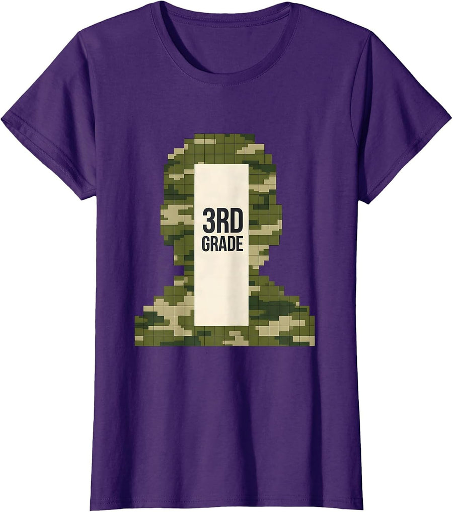 Women's 3rd Grade Pixel Art Camo Back To School Boys Teachers T-Shirt - Purple