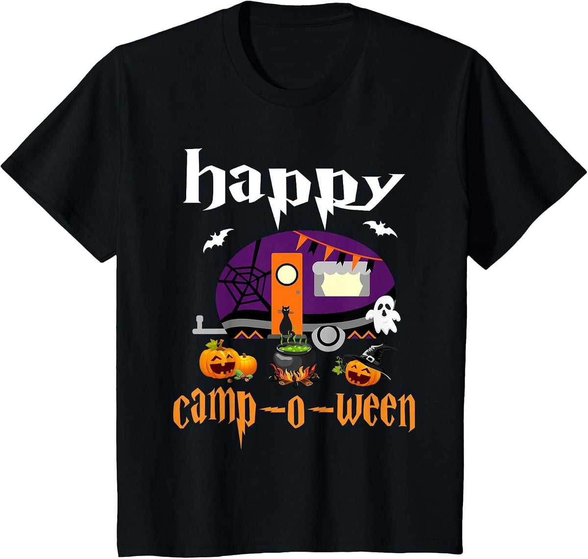 Happy Camp-O-Ween Halloween Camping Camper T-Shirt - Black